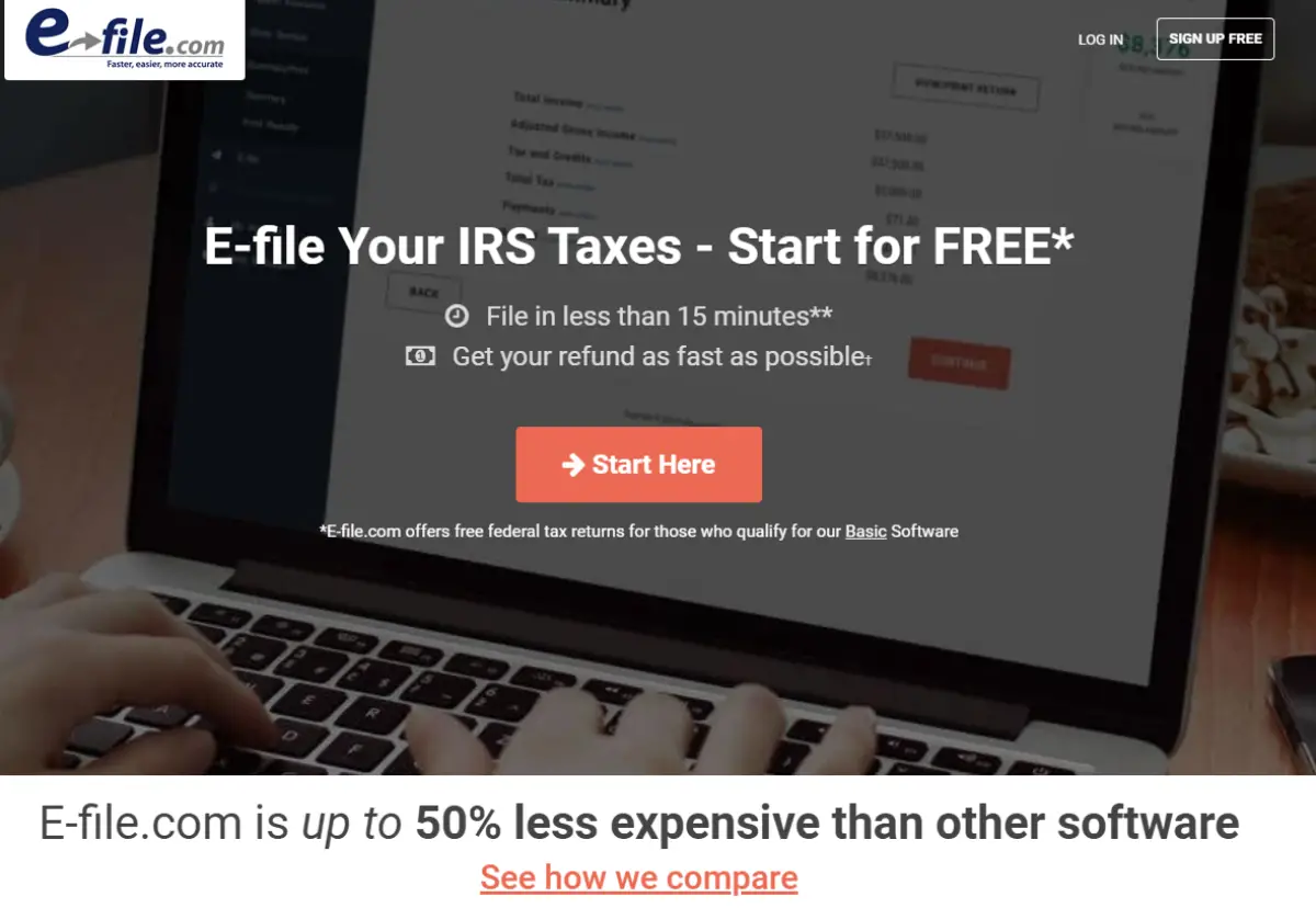 This is a screenshot of the e-files.com website that provide an e-filing service up to 50% cheaper than similar tax prep and filing services. 