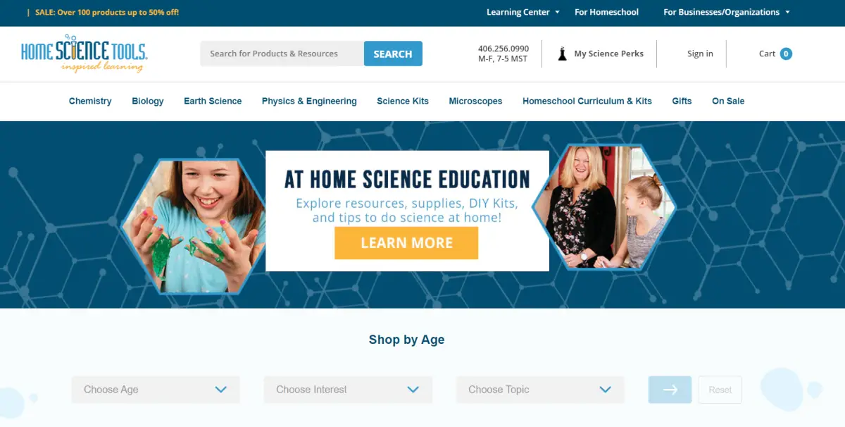 This is a screenshot taken from the Home Science Tools website that provides science equipment and learning resources to parents homeschooling their kids.