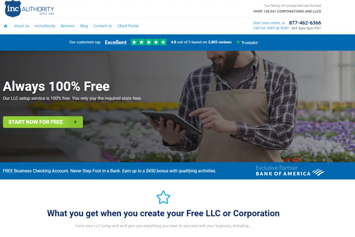 This is a screenshot taken from the IncAuthority.com website that provides free and paid business start-up services including entity formations. 