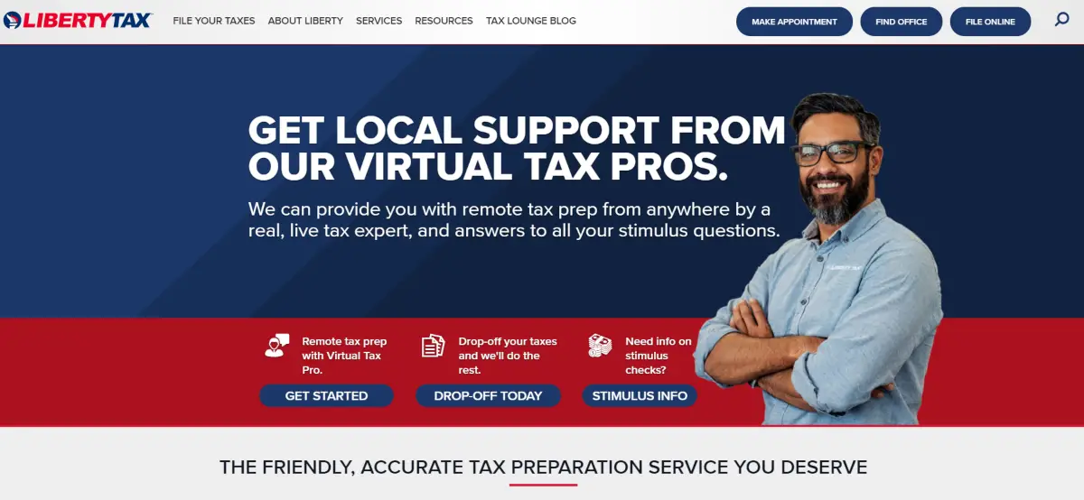 This is a screenshot taken from the LibertyTax.com website showing they provide tax prep support online and in-person throughout the US.