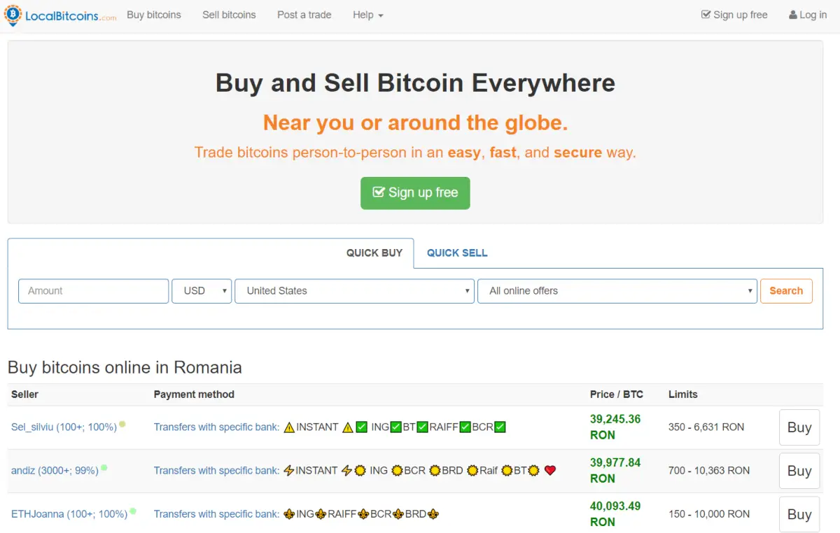 This is a screenshot of the local bitcoins exchange platform. The affiliate program is suitable for a global audience as it accepts all fiat currencies and simplifies the buying and selling process of bitcoins locally. 