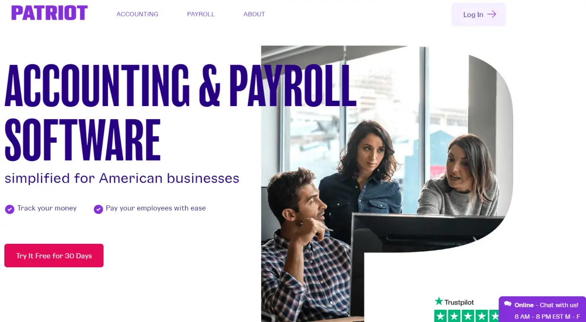 This is a screenshot taken from the PatriotSoftware.com website showing they provide payroll software to simplify accounting.