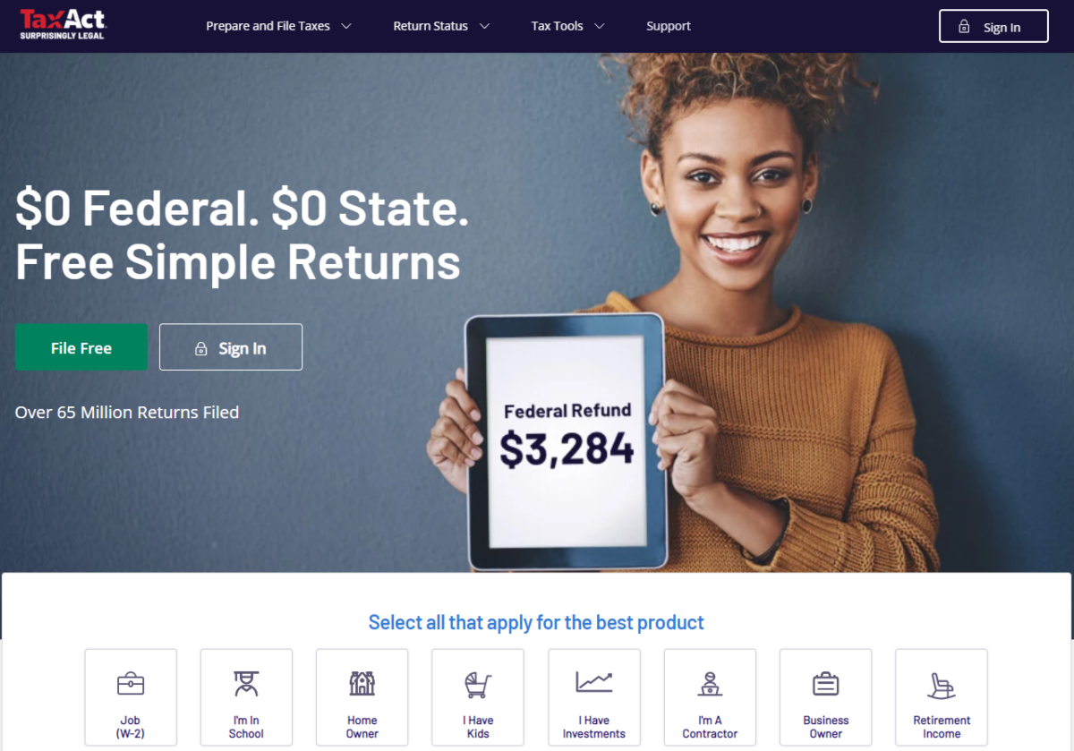 This is a screenshot taken from the TaxAct.com showing a woman smiling while holding a tablet showing she’s received a £3,284 Federal Refund. 