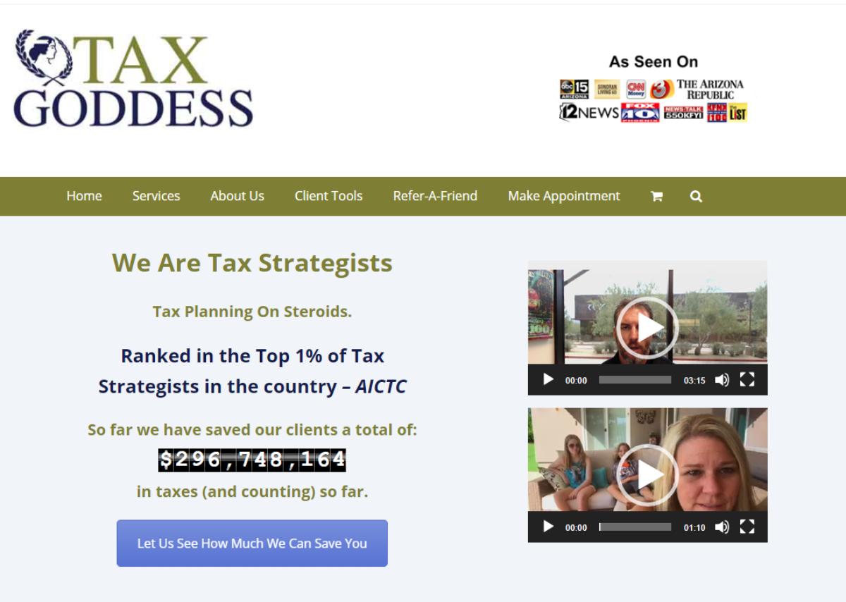 This is a screenshot taken from the TaxGoddess.com website showing the company is ranked as in the top 1% of Tax Strategists in the US
