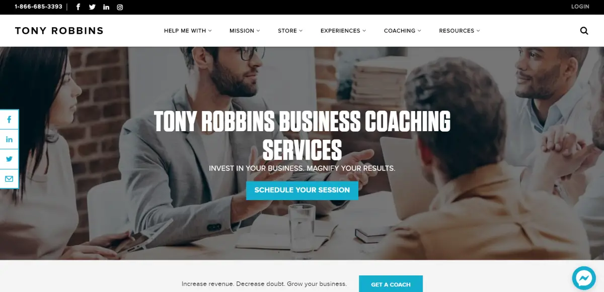 This is a screenshot taken from the business coaching page on the official TonyRobbins.com website offering business coaching services promising to magnify results