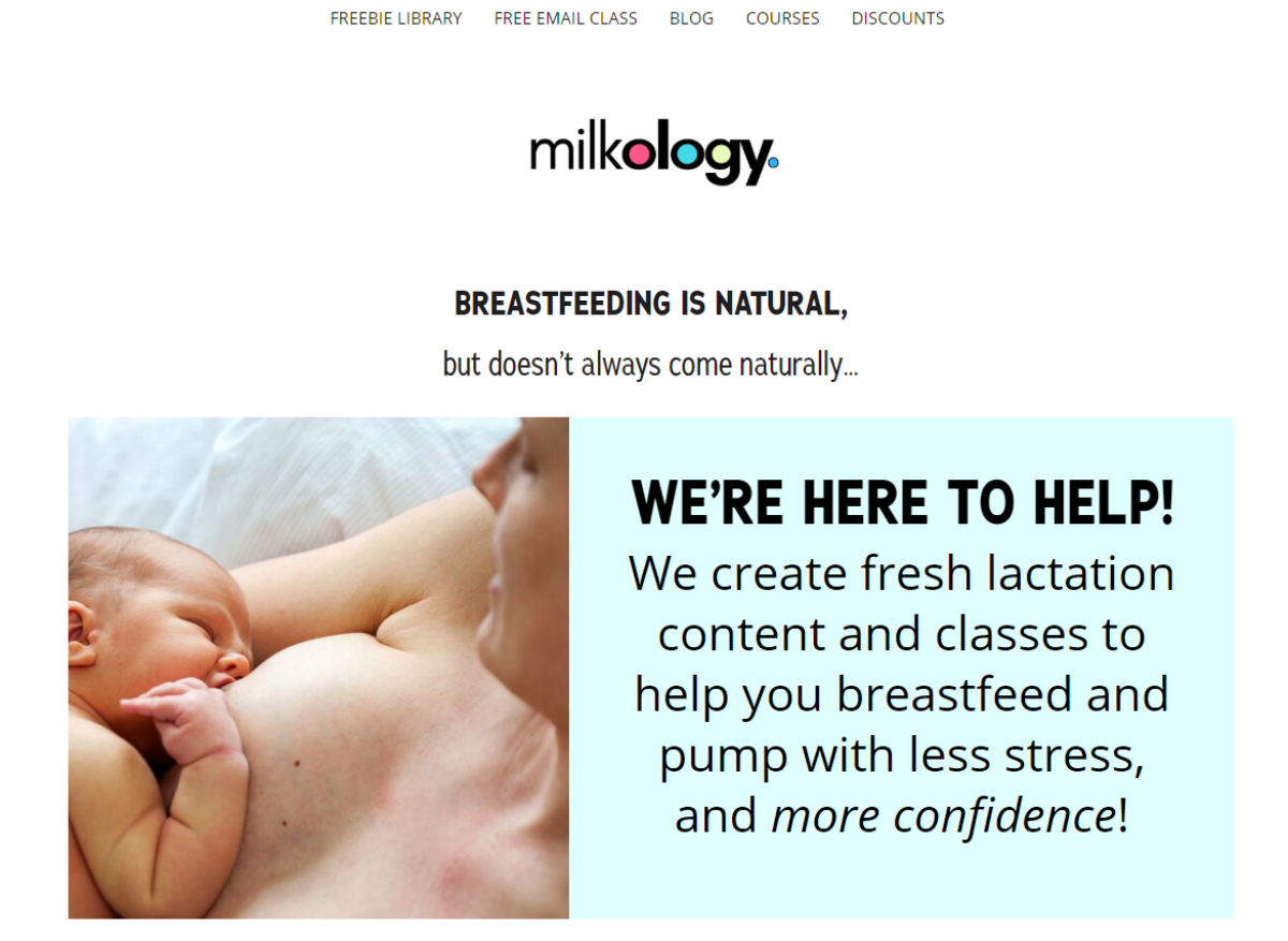 This is a screenshot of the Milkology landing page that provides lactation classes to help new parents learn how to breastfeed with less stress