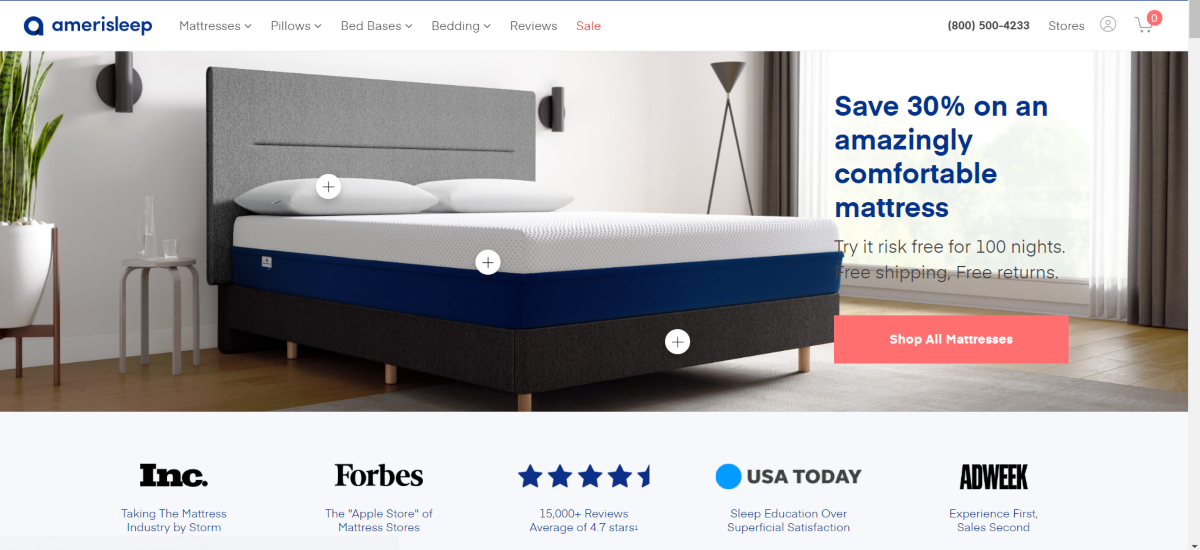 This is a screenshot taken from the Amerisleep.com website showing they offer a 100-night sleep trial on all their mattresses. 