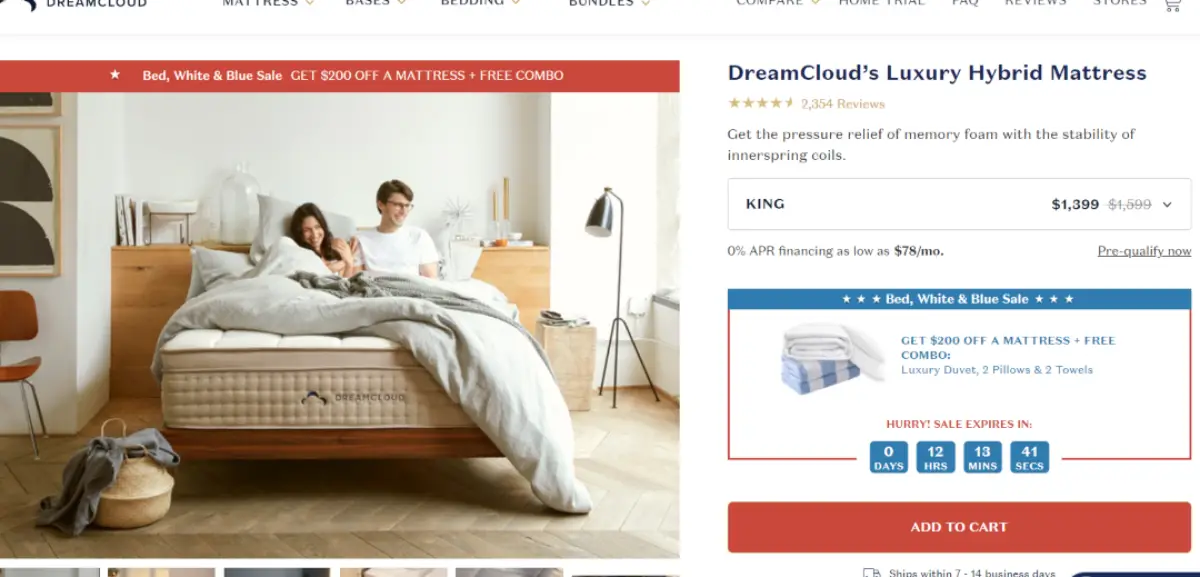 This is a screenshot taken from the DreamCloudSleep.com website showing the product page for the Dreamcloud Luxury Hybrid Matress