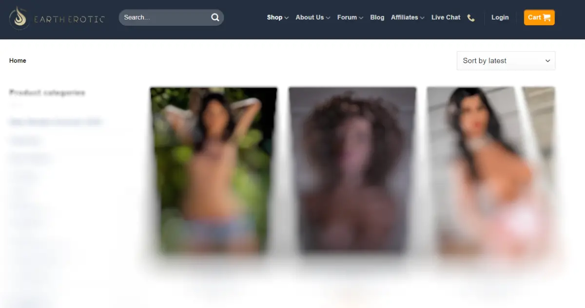 This is a screenshot taken from the Earth Erotic website showing the navigation menu of the real dolls they sell, support links, including a forum for community members. Image is edited to obscure nudity. 
