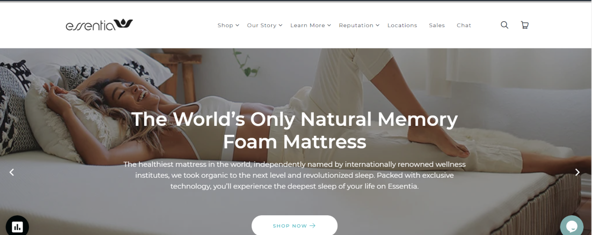 This is a screenshot of the MyEssentia.com website showing they're the only manufacturer of 100% natural memory foam mattresses. 
