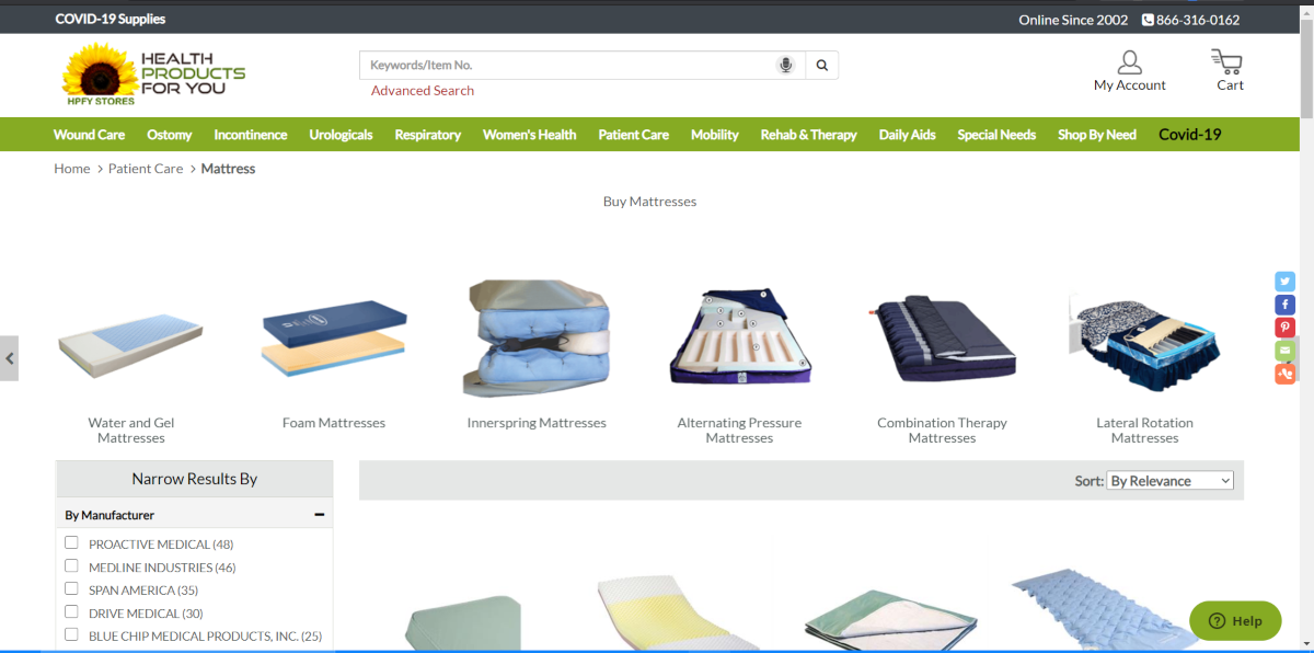 This is a screenshot taken from the Health Products for You website showing the mattress category with a range of specialty mattresses available
