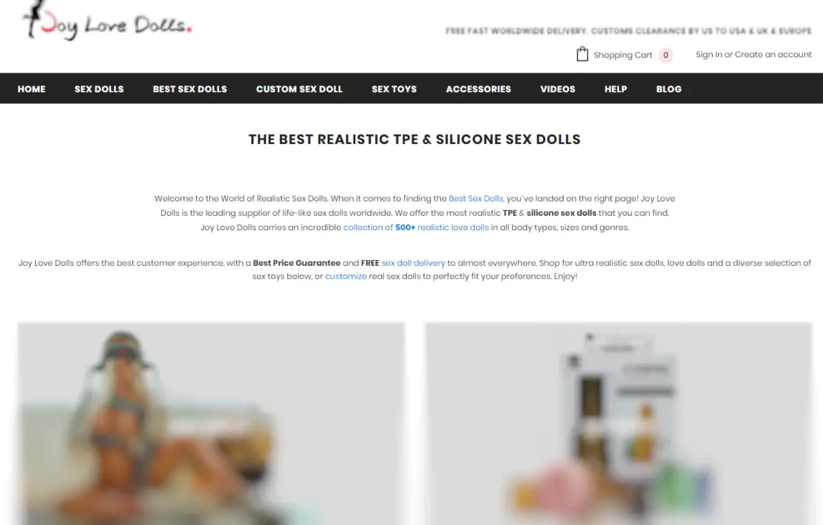 This is a screenshot taken from the Joy Love Dolls website showing they supply TPE and silicone dolls (Nudity blurred)
