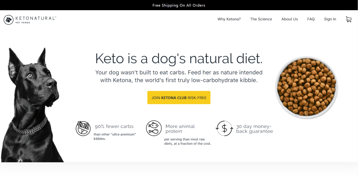 The image shows a screenshot taken from ketonaturalpetfoods.com showing they provide premium dog food with the lowest carb diet for dogs. 
