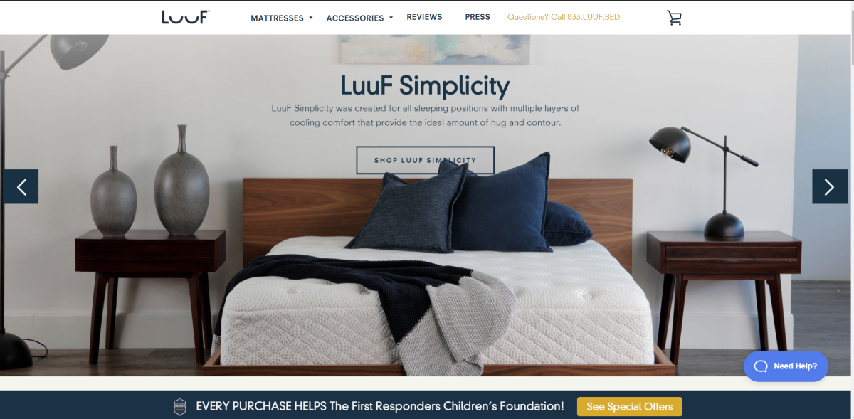 This is a screenshot taken form the luufbeds.com website showing an image of the LuuF Simplicity Mattress setup on a dark wood bed frame.