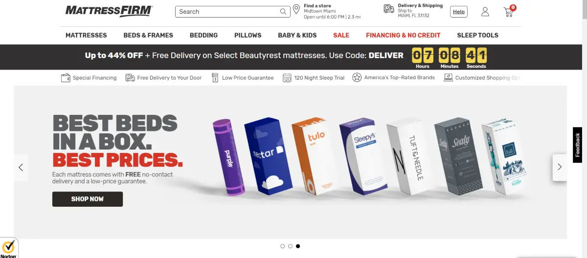 This is a screenshot taken from the Mattress Firm website claiming to offer the best prices for the best bed in a box mattresses in the US. 