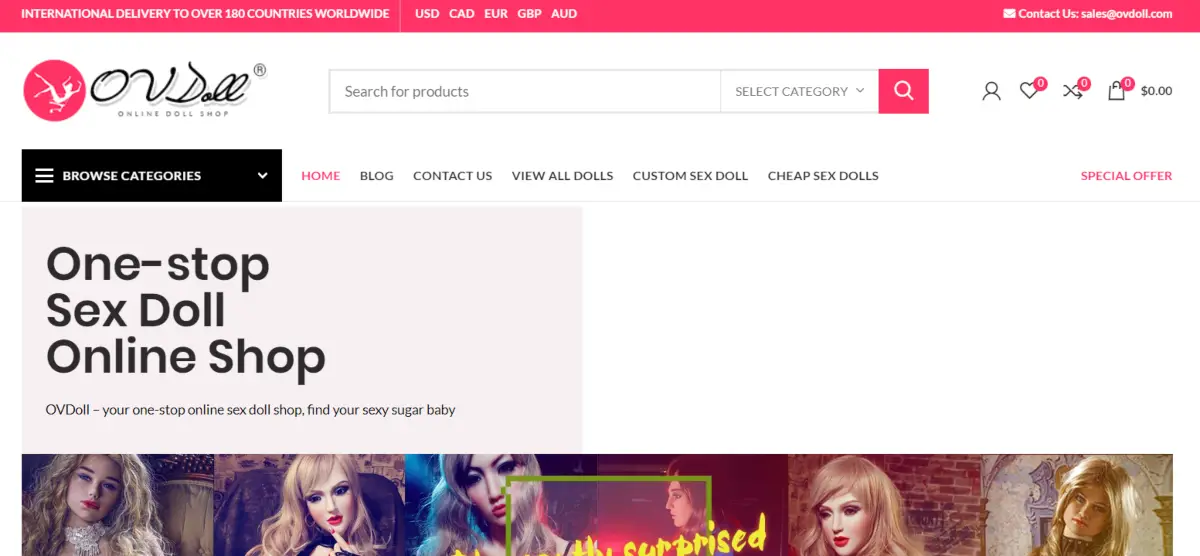 This is a screenshot taken from the OV Doll website showing they are a one-stop sex doll store online.