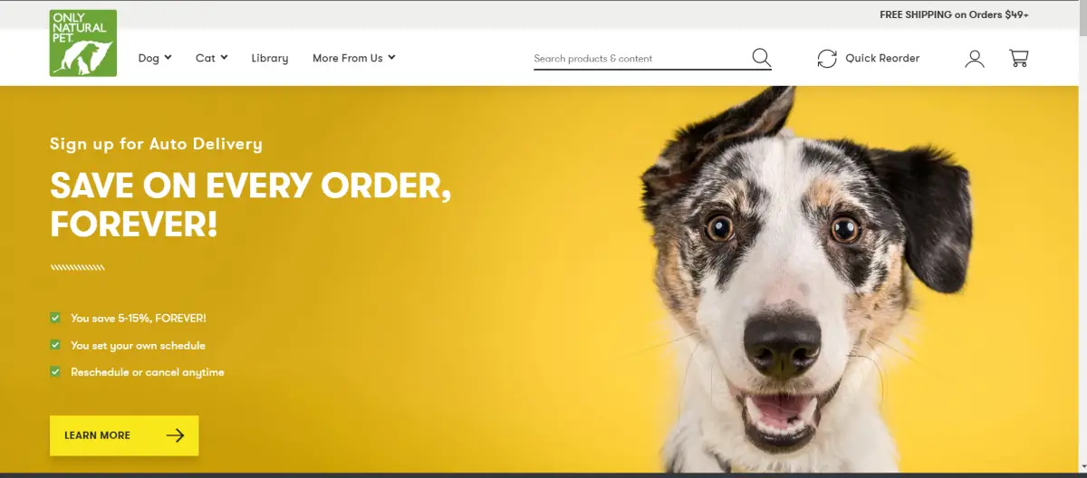 This is a screenshot taken from the Only Natural Pet website showing a photo of a dog and a promotional message to save up to 15% on every order using the websites autoship option to order only natural pet food for dogs or cats on a schedule to suit the customer. 