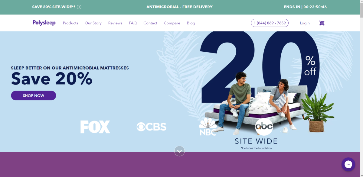 This is an image showing a screenshot taken from the Polysleep.com US website showing the company have been featured on Fox and CBS news as they expand from Canada into the US market.