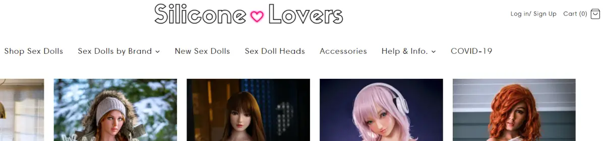 This is a screenshot taken from the siliconelovers.com website showing some samples of real looking doll heads and the various items the store sells 