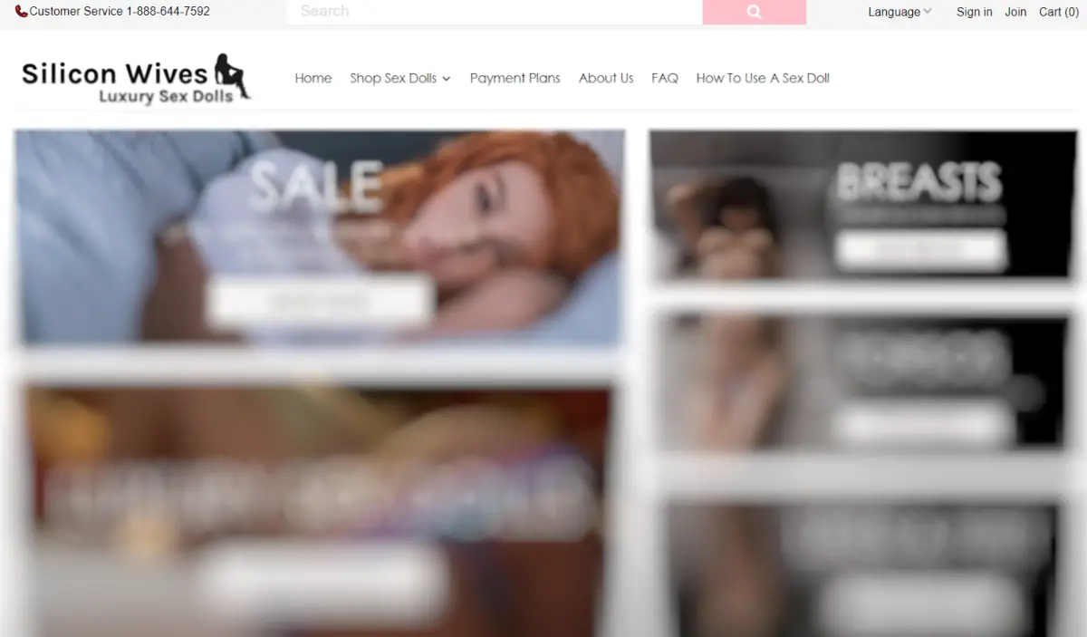 This is a screenshot taken from the SiliconeWives Luxury Sex Dolls website showing the company logo and what they sell (nude images blurred)