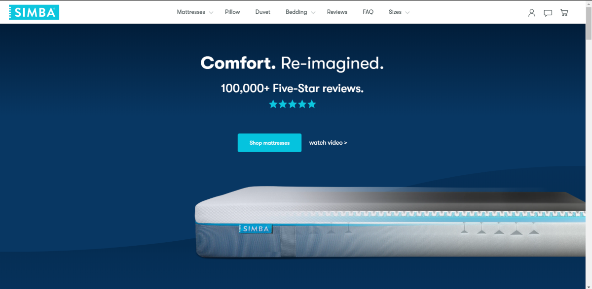 This is  a screenshot taken from the Simba Sleep website showing an image of the Simba Mattress, and advertising the slogan "Comfort. Re-imagined" 