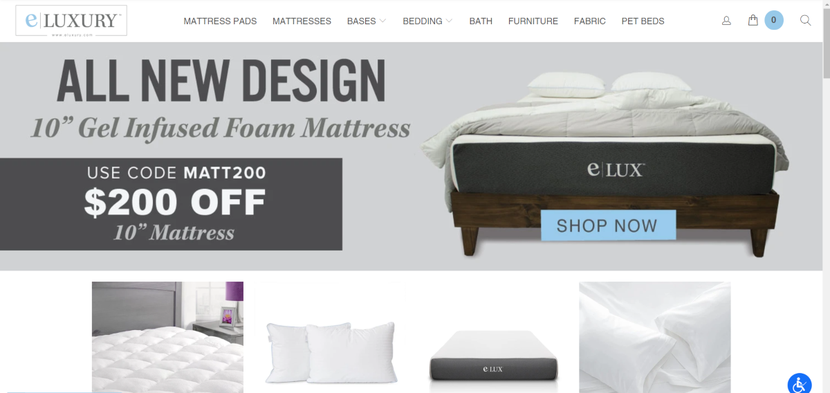 This is a screenshot taken from the eluxury.com website showing a photo of a bed frame and an offer for gel infused foam mattresses