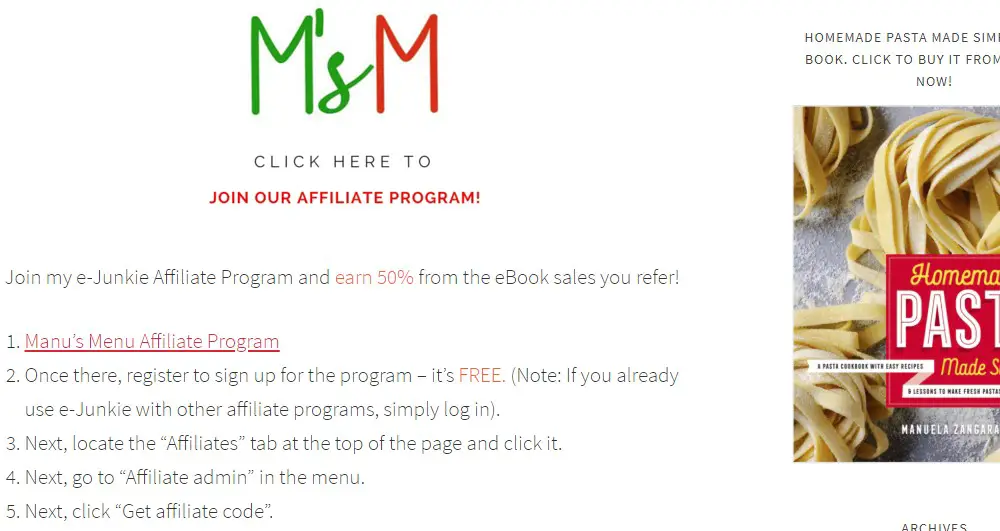 manu's menu affiliate sign up page