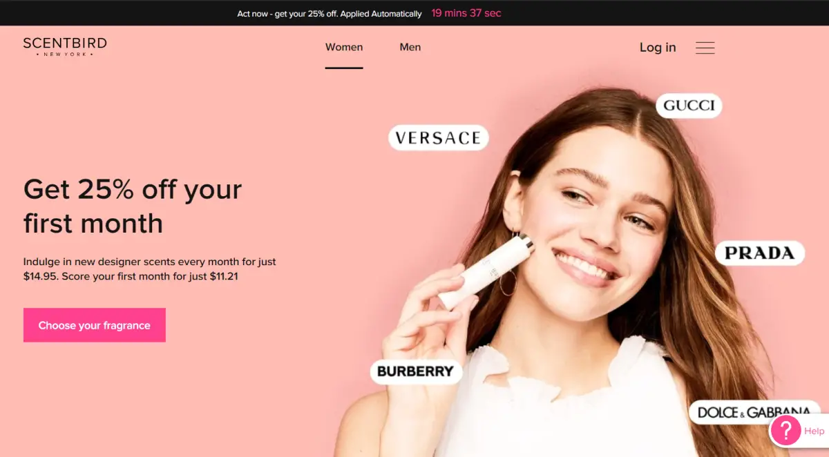 This is a screenshot taken from the Scentbird.com website showing a photo of a girl using a perfume atomizer and a list of brand names of perfumes the store supply in small bottles including Versace, Gucci, Burberry and fragrances by Prada