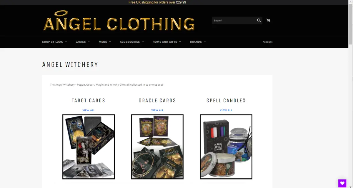 This is a screenshot taken from Kinkyangel.co.uk, the website for UK-based Angel Clothing brand showing the category for Witchery Products that include photos of their spell candles, oracle cards and Tarot cards. 