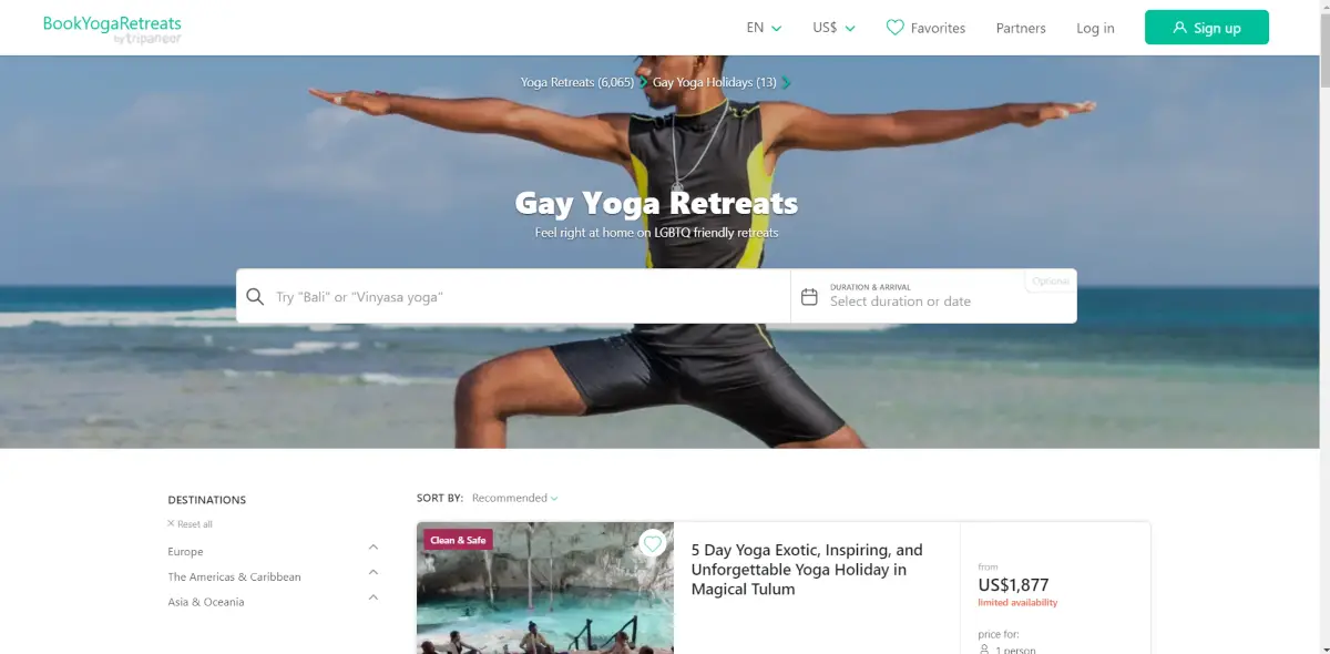 This is a screenshot taken from the Bookyogaretreats.com website showing the gay yoga retreat listings page