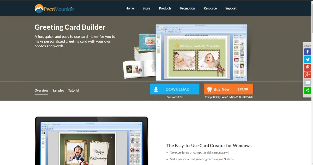 This is a screenshot taken of the sales page on PearlMountainSoft.com for the Greeting Card Builder Software showing it's a one-time license fee and there's a free trial download version. 
