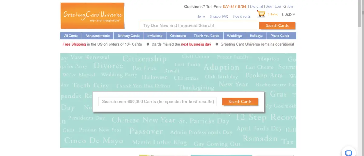 This is a screenshot taken from the GreetingCardUniverse.com store showing  a search bar front and center of the home page informing customers they can be specific with their searches as they have over 600,000 card designs in their store for "any card imaginable". 