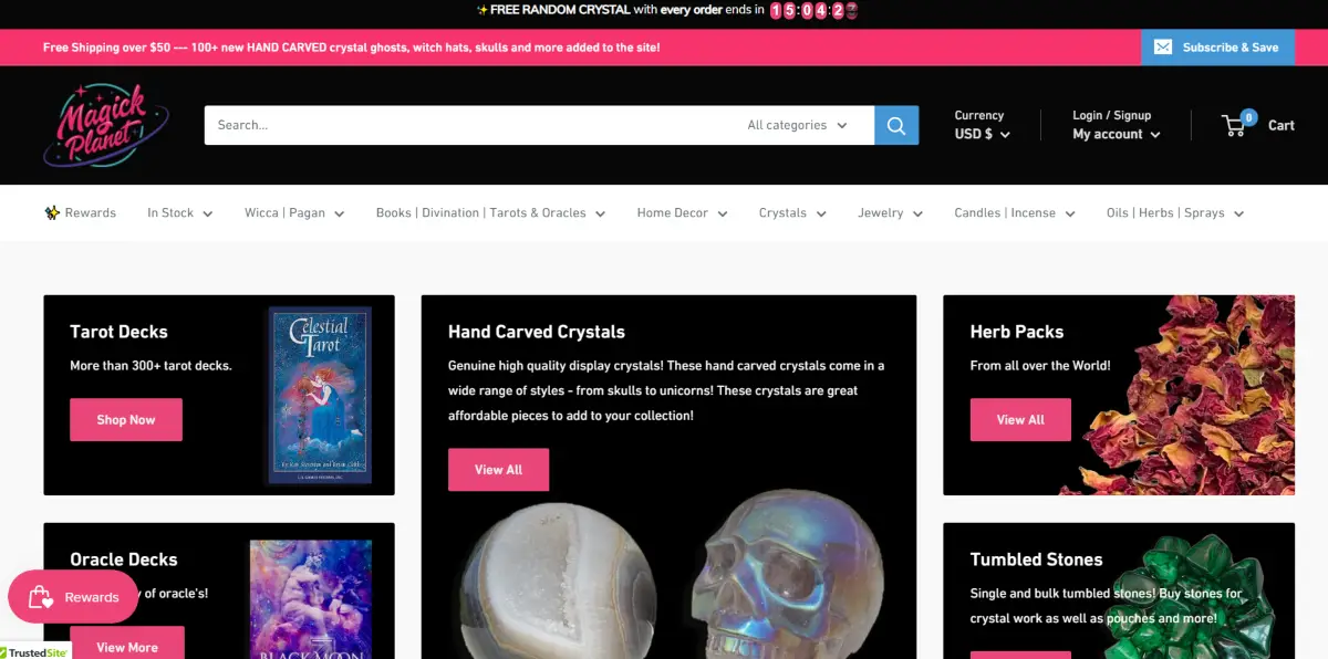 This is a screenshot taken from the MagicKplanet.com website showing the categories of products they stock including herb packs, tumbled stones, tarot decks, oracle decks and more. 