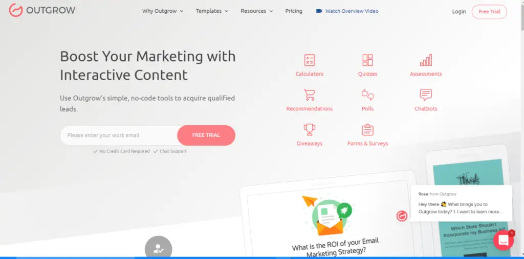 This is a screenshot taken from the OutGrow.co website that shows they are an SaaS provider for marketers to create interactive content with a list of the types of materials available including polls, calculators, quizzes, giveaways and more. 