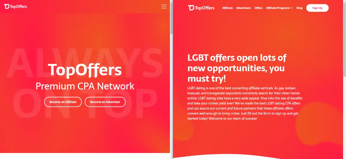 This is a dual page screenshot taken from TopOffers.com showing their home page clearly stating they are a CPA Network and an inner page on the right of that showing they have a range of LGBT offers. 