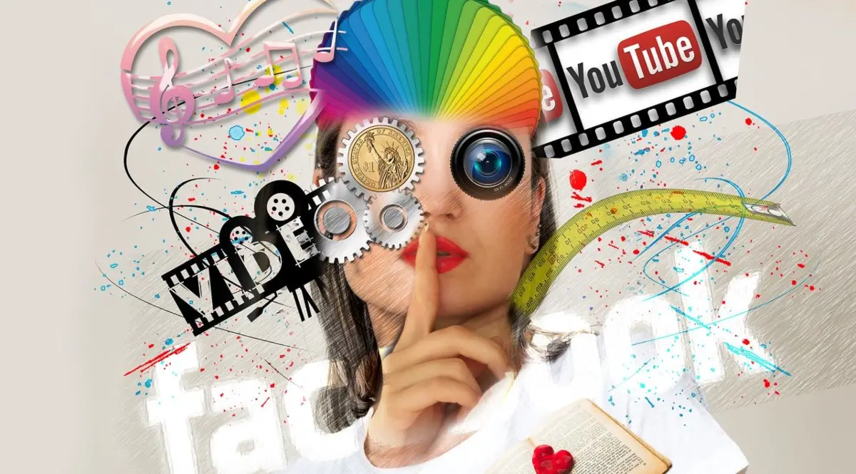 The image is an artistic headshot drawing of a girl with her index finger to her lips indicating she knows a secret. That’s surrounded by logos of Facebook, Youtube, a drawing of a film reel and musical notes indicating a few of the largest digital advertising networks used to increase web traffic.