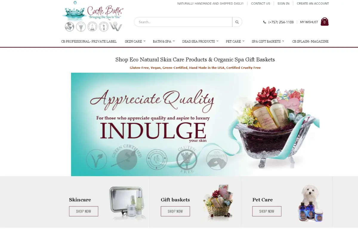 This image shows a screenshot of the CastleBaths.com website showing they have a selection of natural skin care products and organic spa gift baskets.