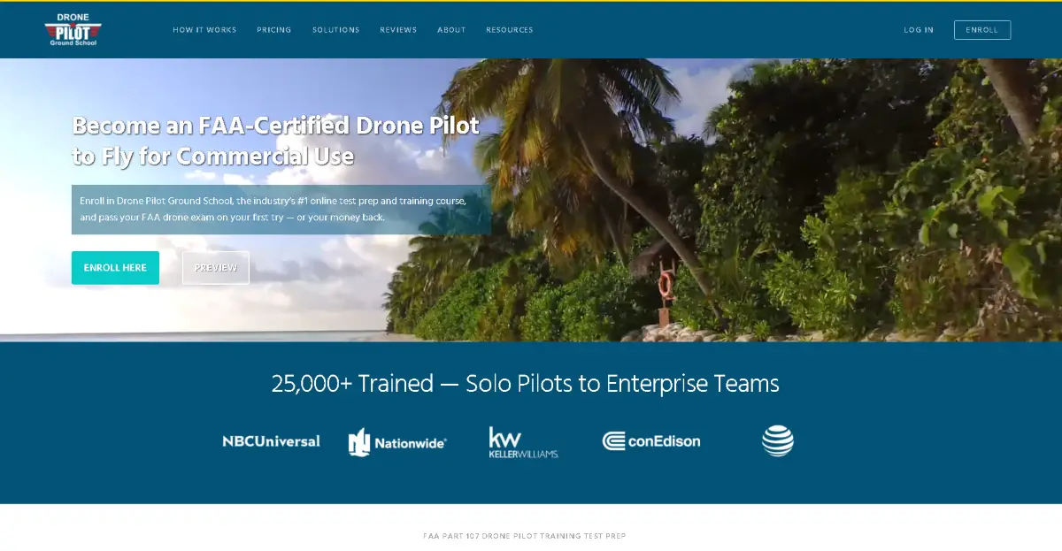 This is a screenshot taken from the DronePilotGroundSchool.com website showing they provide FAA Part 107 Drone Pilot Training, Test Prep and Certification to Fly Drones Commercially. 