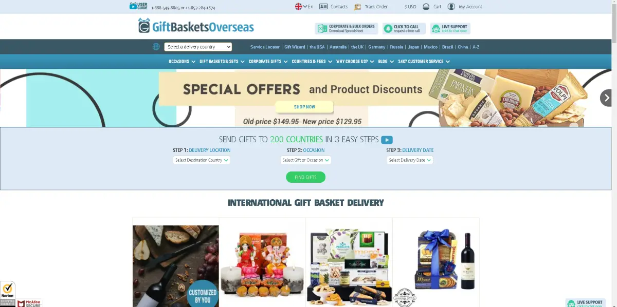 This is a screenshot taken from the GiftsBasketsOverseas.com website showing they ship to 200+ countries