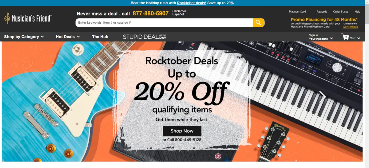 This is a screenshot taken from the MusiciansFriend.com website showing an image featuring a guitar, parts, and a keyboard, as an illustration of some of the musical instruments and parts they have in stock.