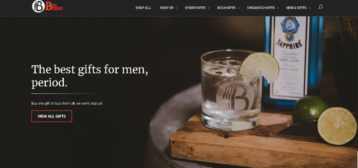 The image is a screenshot taken from TheBroBasket.com showing they specialize in gifts for men