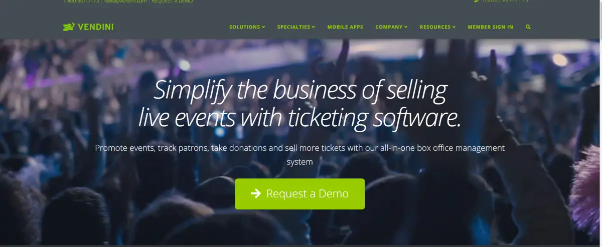 This is a screenshot taken from the Vendini.com website showing they provide ticketing software to simplify ticketing for live events in the entertainment industry.