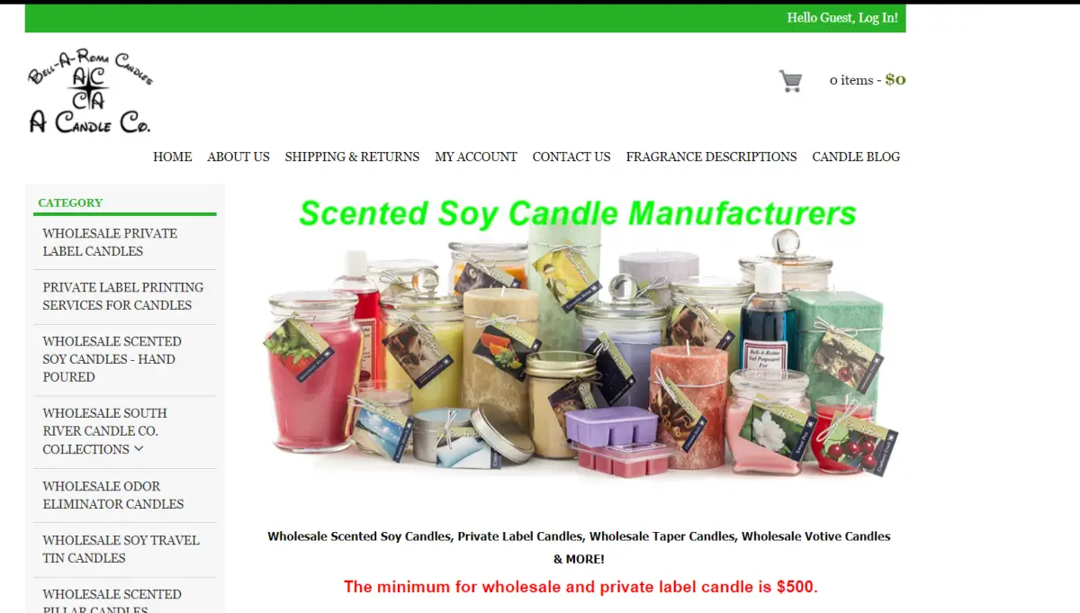 The image is a screenshot taken from ACandleCo.com showing various candles in different colors and sizes with the text reading they are Scented Soy Candle Manufacturers