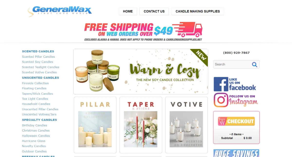 This is a screenshot taken from the GeneralWax.com store that has some images of the candles they sell including pillar candles, taper and stick candles and votive candles.