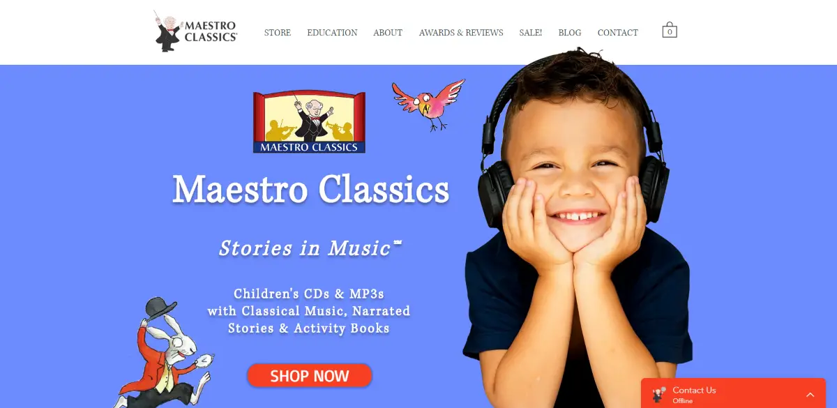 This a screenshot taken from the MeastroClassics.com website showing they provide Stories in Music for kids to learn with classical music lessons that's combined with story narration.