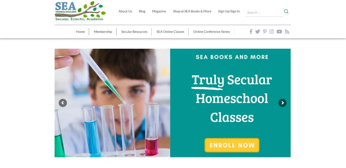 This is a screenshot taken from SEAHomeschoolers.com showing they provide secular homeschool classes online.