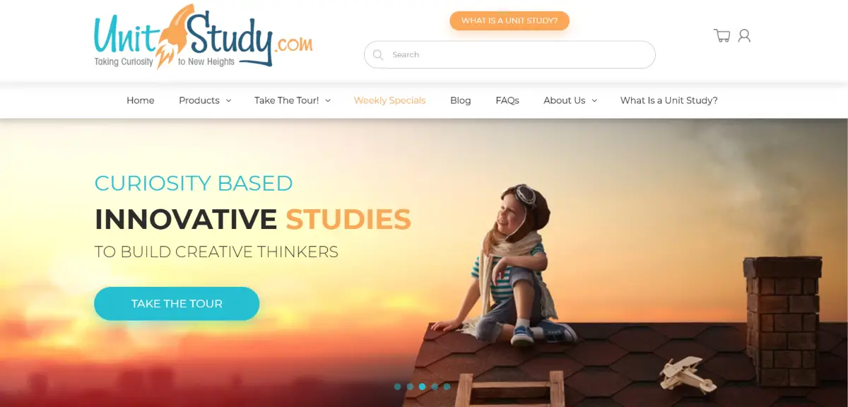 This is a screenshot taken from the UnitStudy.com website showing they provide curiosity based study units on a variety of topics to "build creative thinkers".